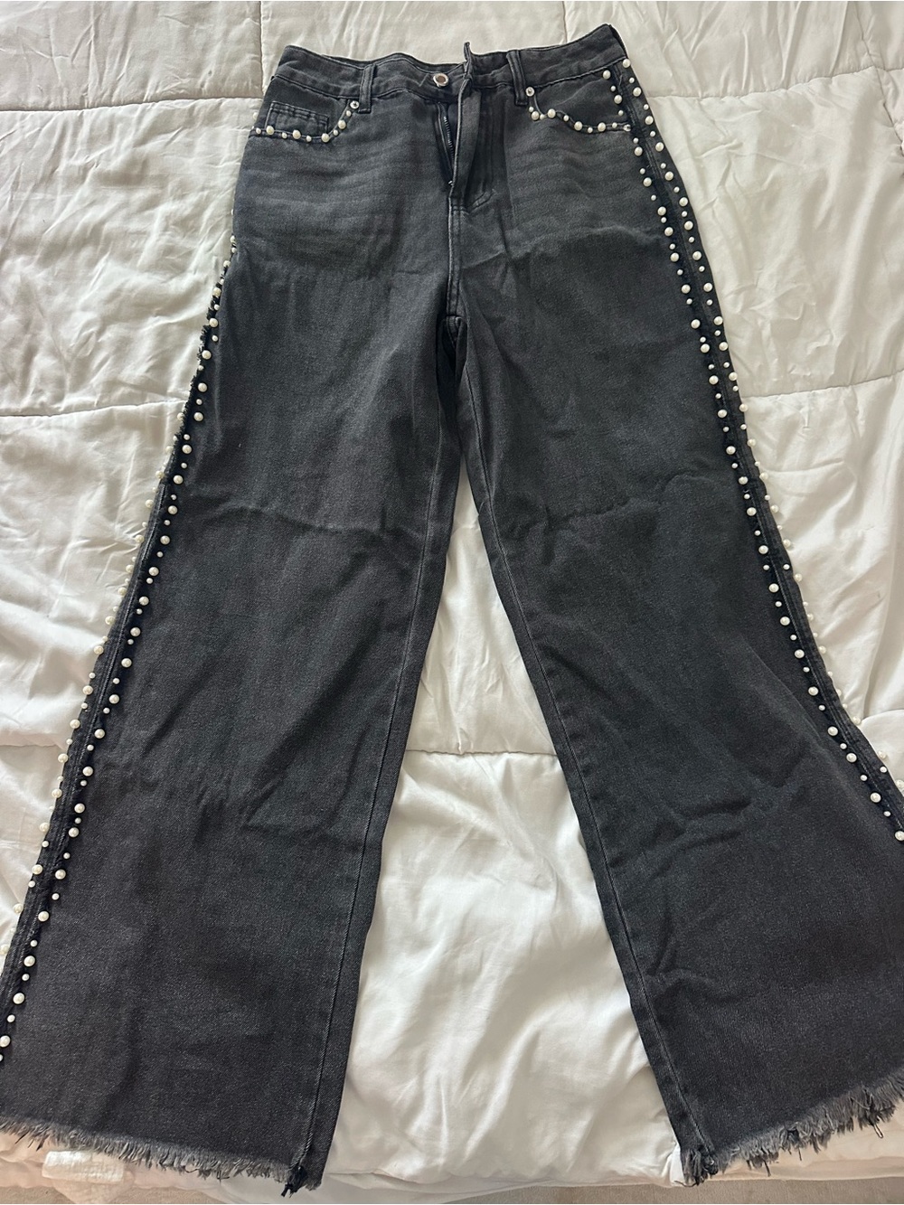 a new day Black Wide-Leg Jeans with Pearl Trim